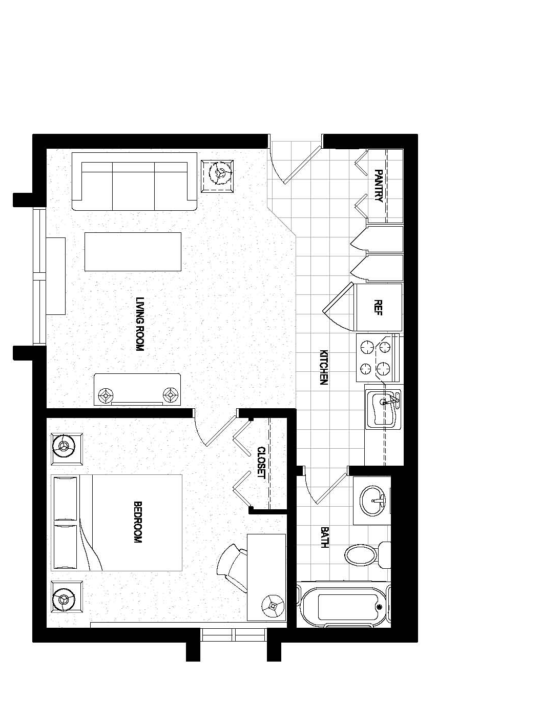 Floor plan for 1 bed, 1 bath, 700 sqft
